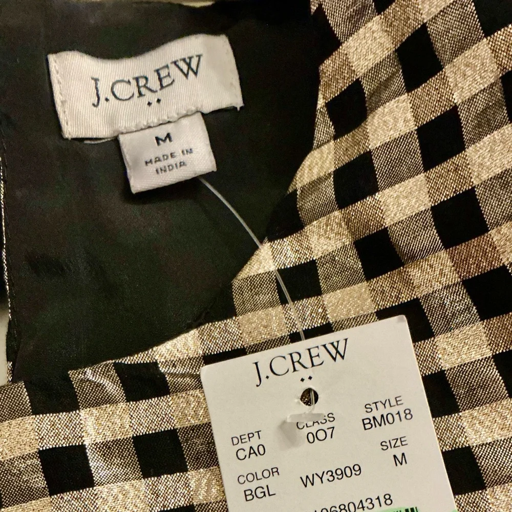 J. Crew Lurex Metallic Gold & Black Plaid Puff Sleeve Top, Size Medium, NWT - Picture 11 of 16